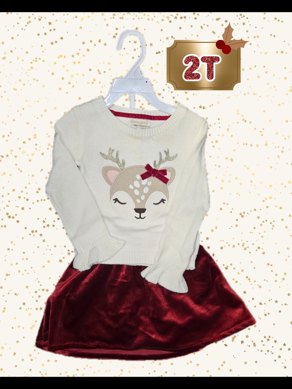 Cythia Rowely Cream Reindeer Sweater Top with Burgundy Velvet Skirt- 2T